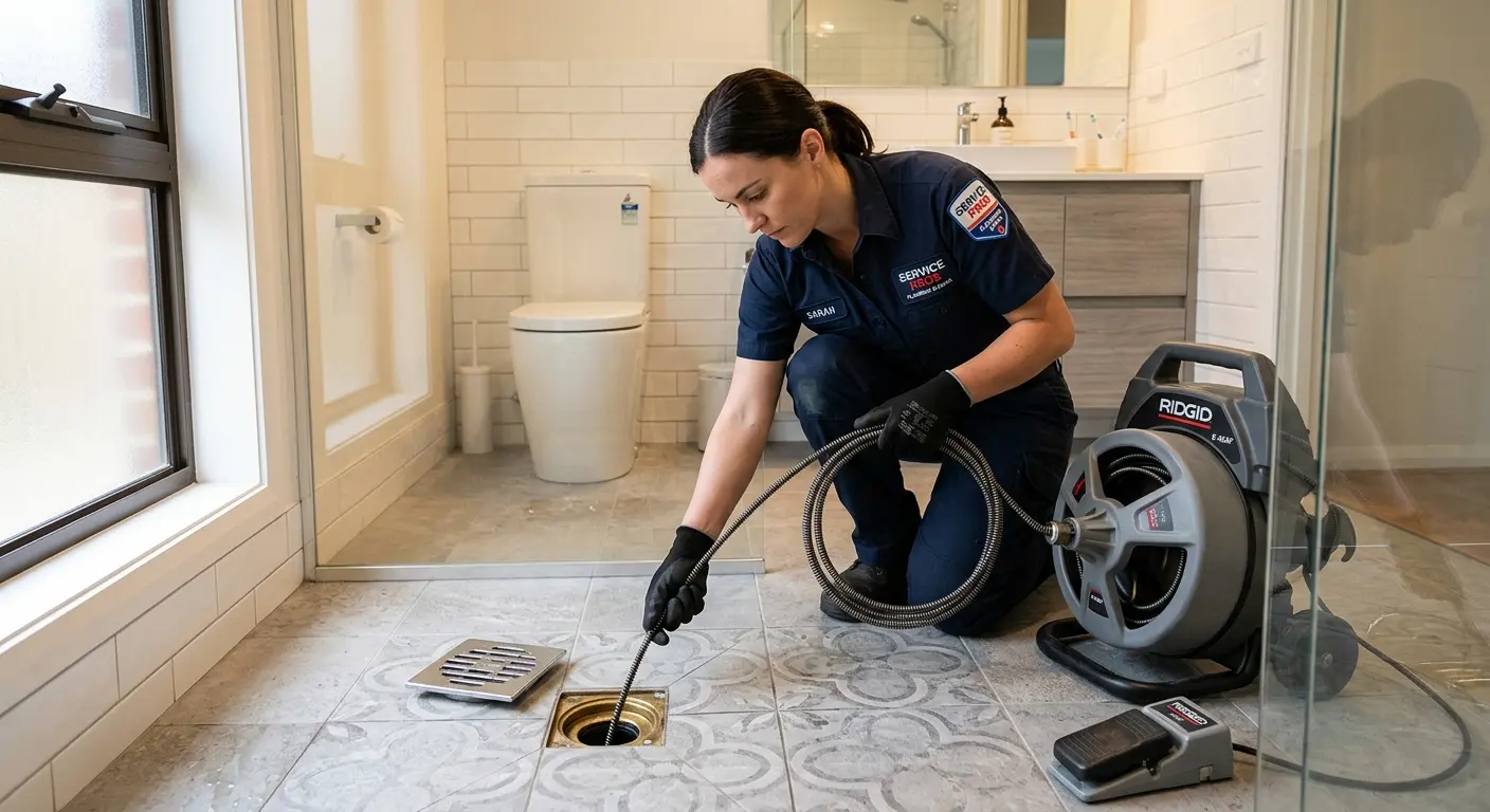 Technician clearing a bathroom floor drain for Sewer Line Installation in Frenchtown